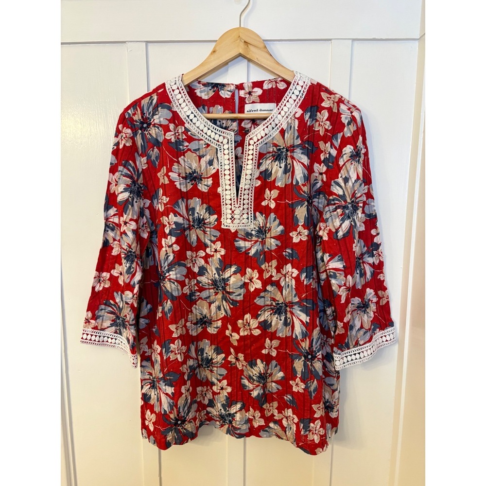 Alfred Dunner Red Floral Cotton Blouse size 14 Crochet Lace Trim 3/4 Sleeve